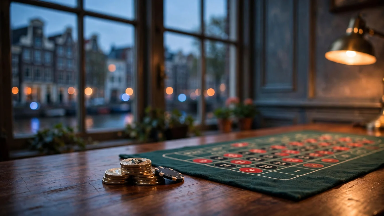 Hollandse casino-achtige setting met cryptomunten en roulette op tafel