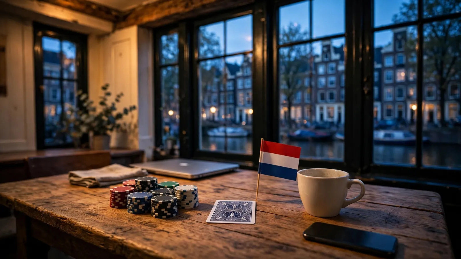 Sfeervol Amsterkans interieur met casinofiches en Nederlandse vlag op tafel