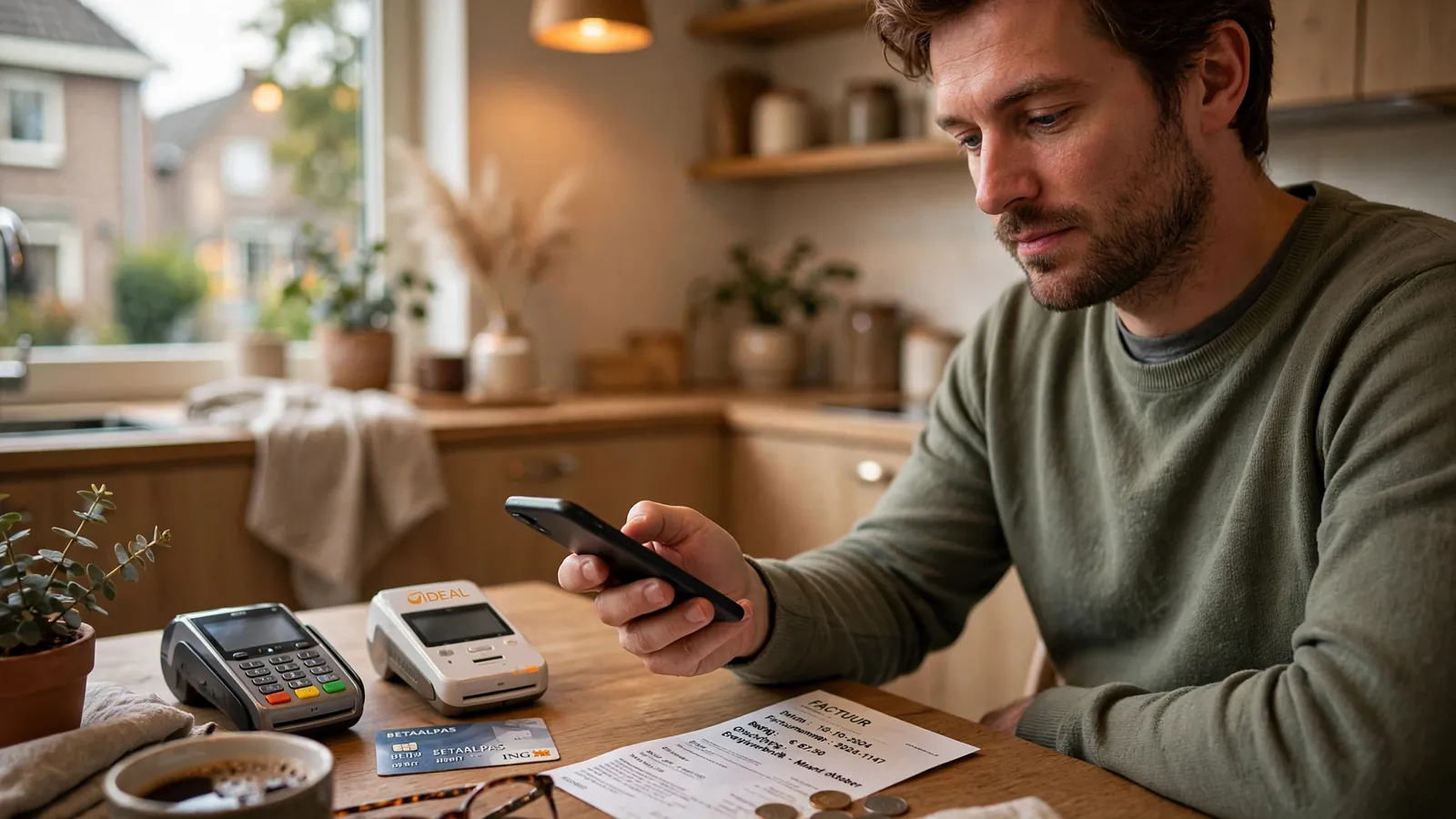 Nederlander met smartphone en betaalterminal op tafel