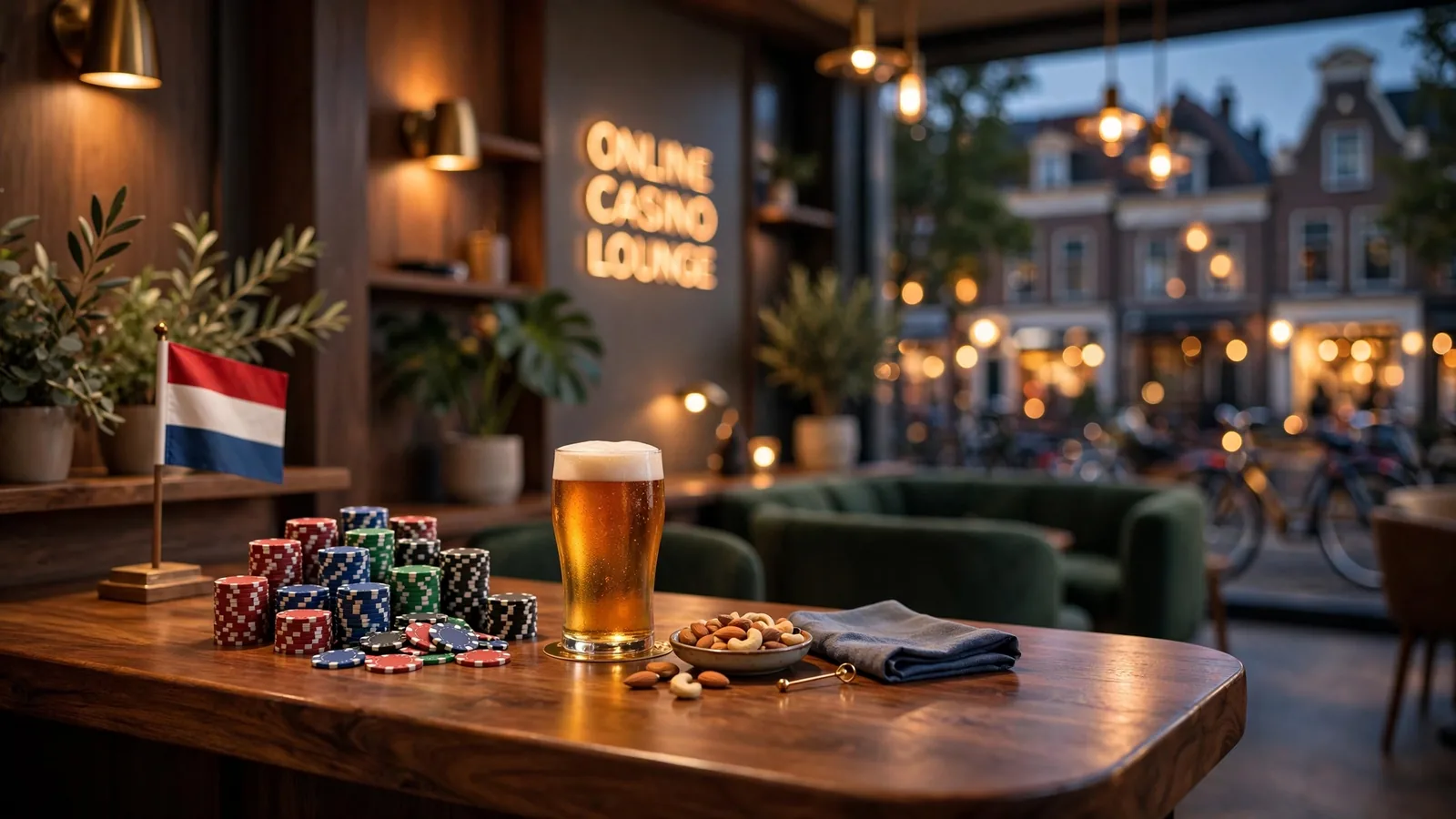 Stijlvolle Nederlandse online casino lounge met pokerfiches en Nederlands tintje