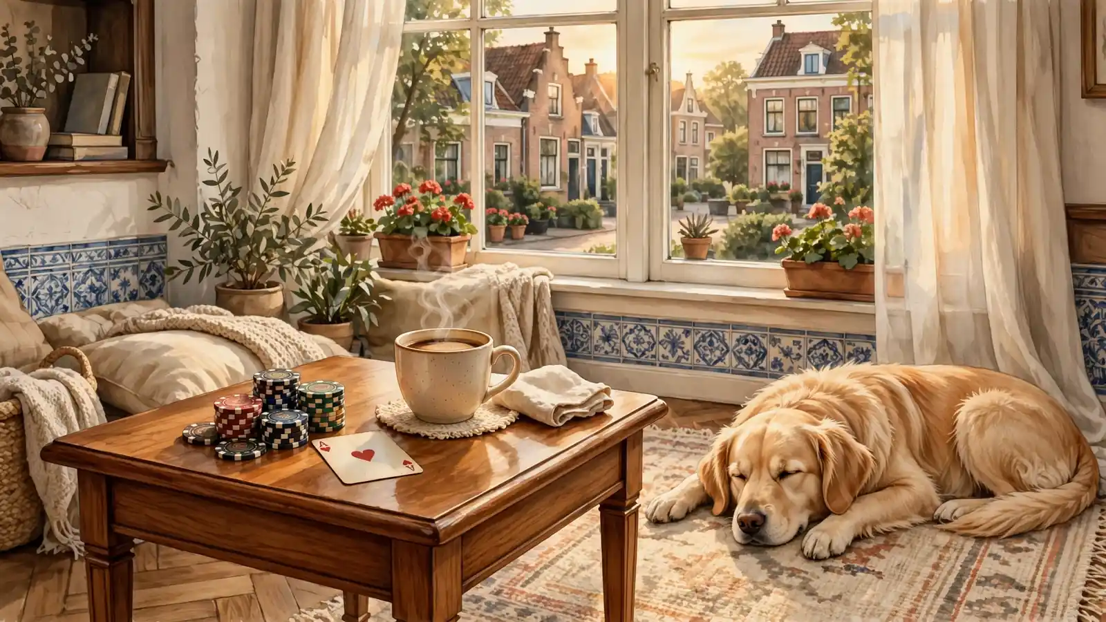 Sfeervolle woonkamer met casinofiches, speelkaart en koffie op tafel