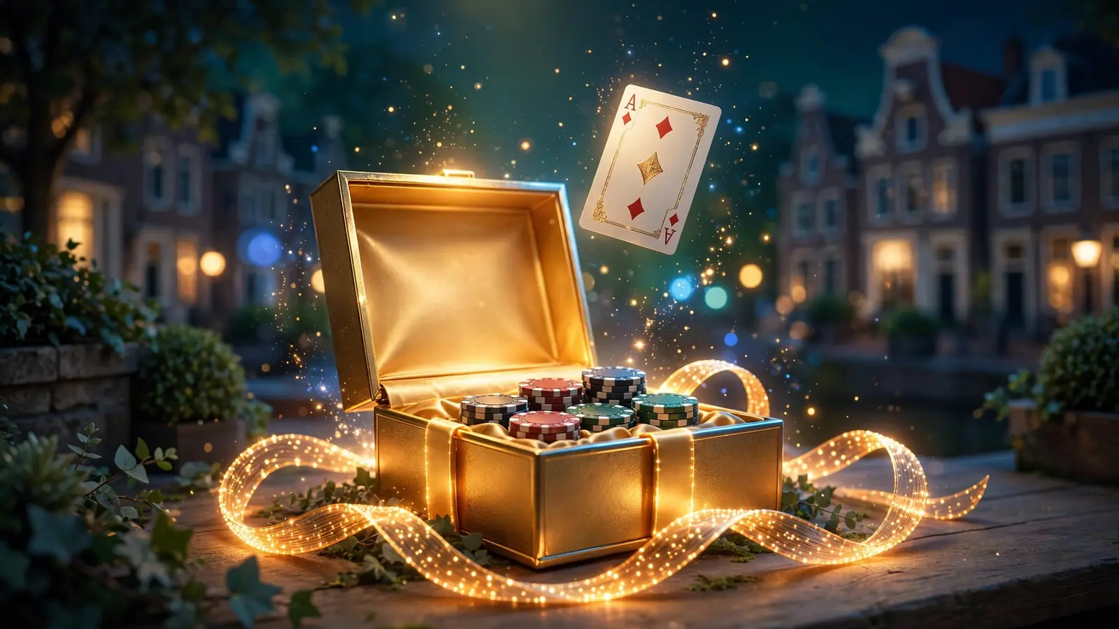 Open gouden cadeau met casinofiches en speelkaart op donkere achtergrond