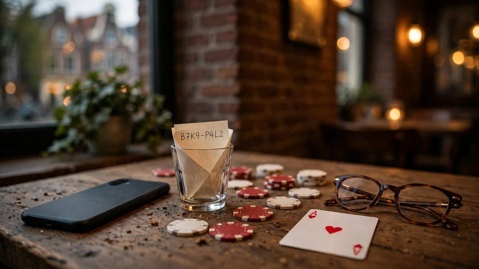 Smartphone en casinofiches op een houten tafel met een kortingsbon, sfeervol café-interieur