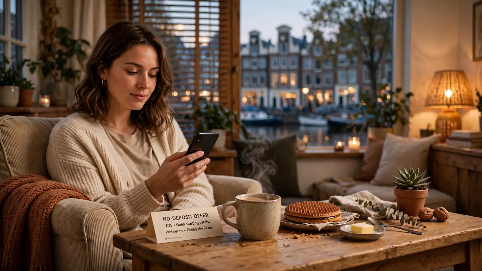Nederlander thuis met telefoon en promotiebon op tafel