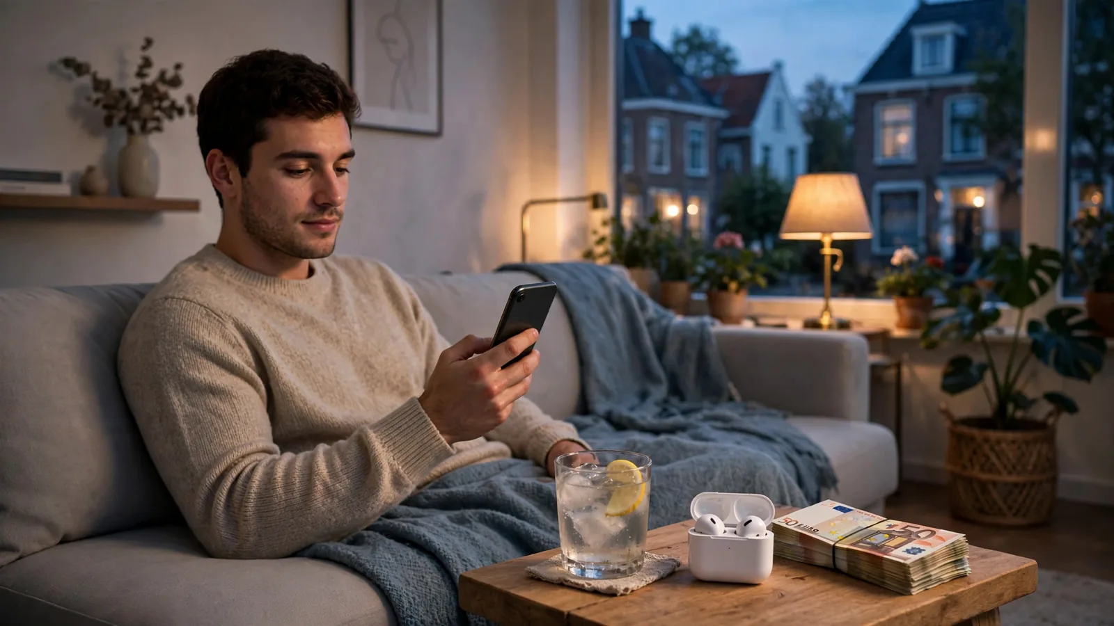 Persoon op de bank met telefoon, direct spelen zonder account