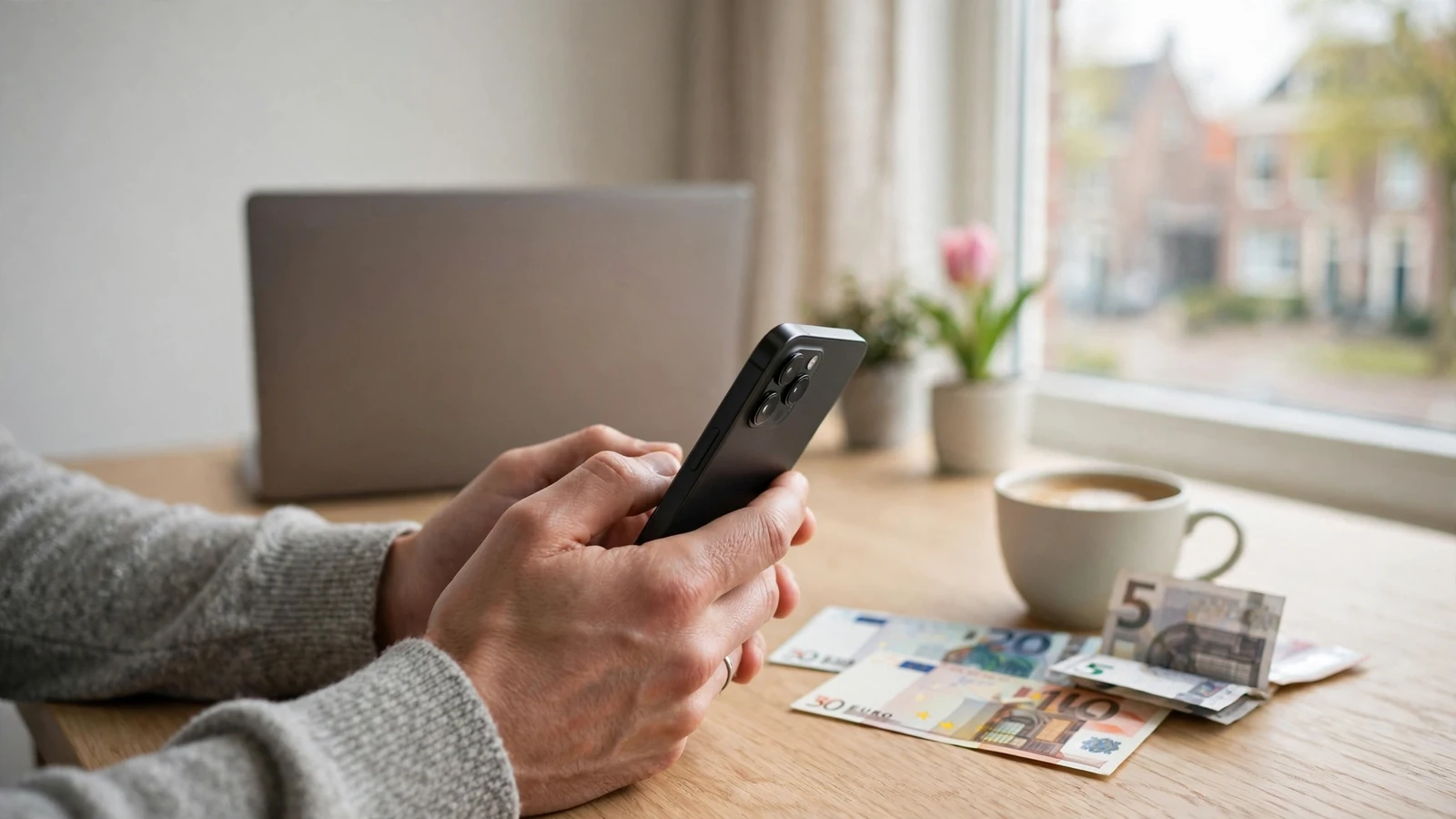 Persoon bekijkt smartphone bij laptop op bureau, wachtend op een uitbetaling.