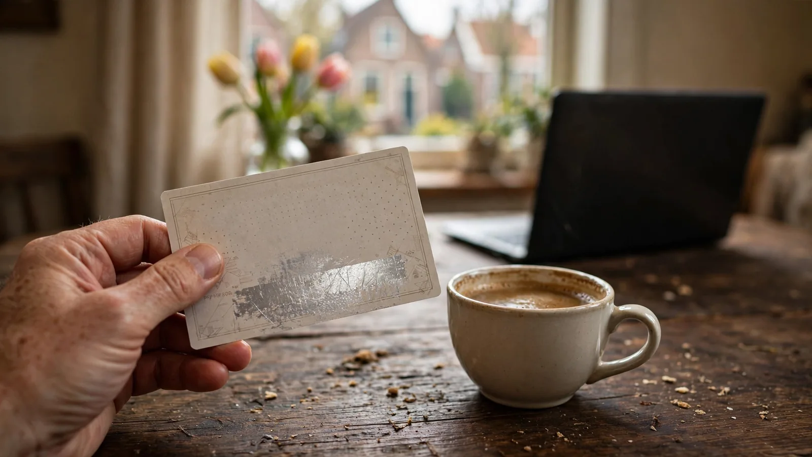 Hand met prepaid voucher en afgewende laptop op een houten tafel.