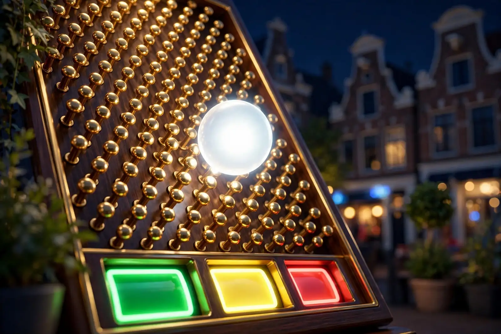 Glanzende bal valt door een Plinko-bord met gekleurde multipliervakken onderaan.