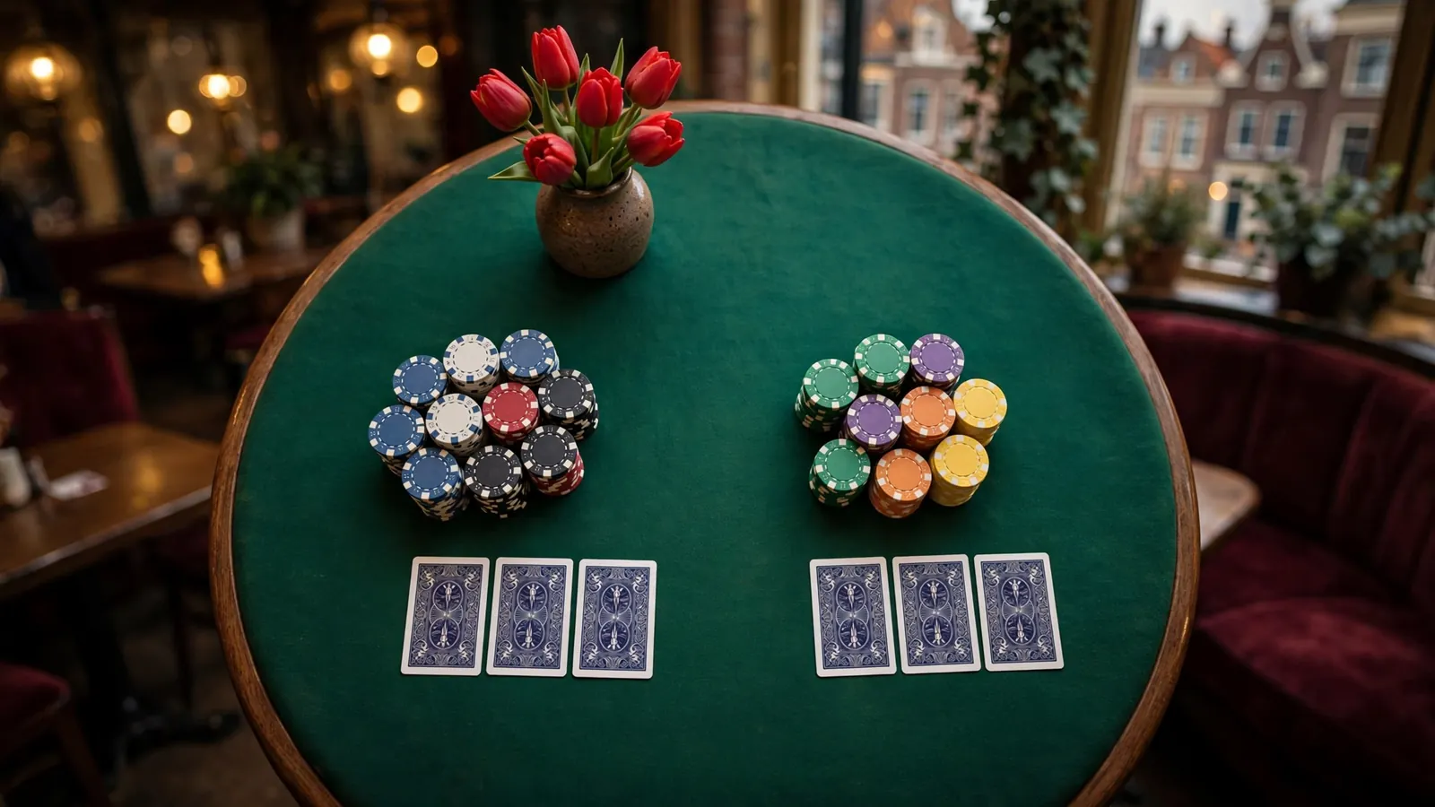 Groene casinotafel met speelchips en kaarten in twee groepen